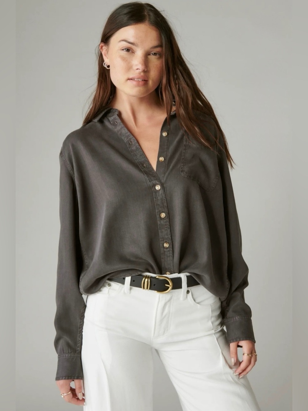Lucky Brand Solid Boyfriend Button Down Shirt in Grey